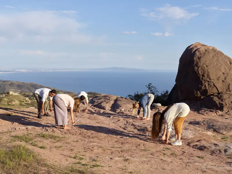 Group of adults practicing yoga stretches on a cliff with ocean views, promoting relaxation and mindfulness.